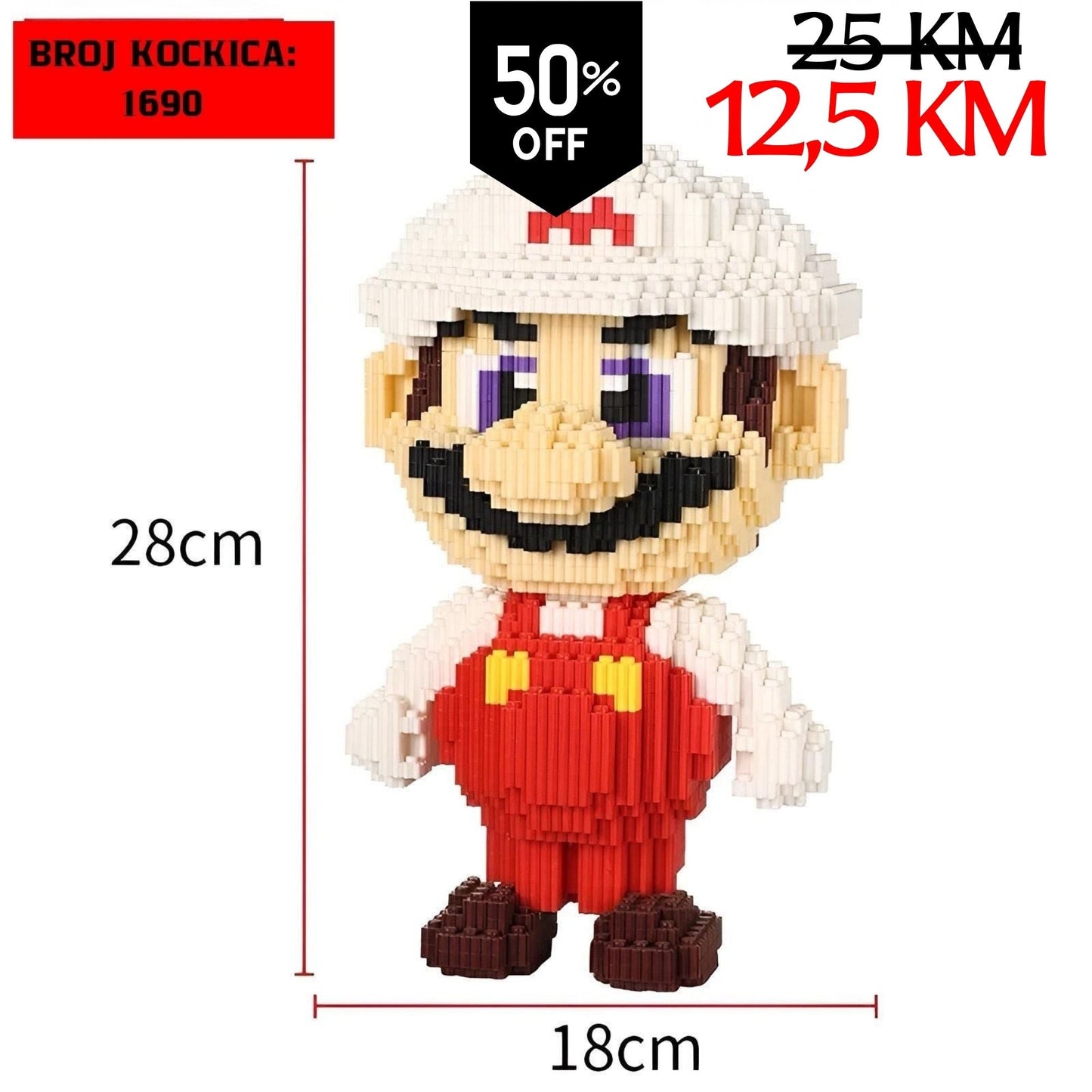 28 cm visoka bijela i crvena Mario figura od 1690 LEGO kockica