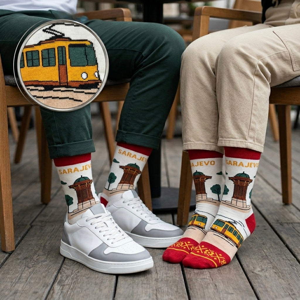 Bijele i crvene čarape s žutim tramvajem i zlatnim natpisom sarajevo iz kolekcije SARAJEVO SEBIL TRAMVAJ ČARAPE