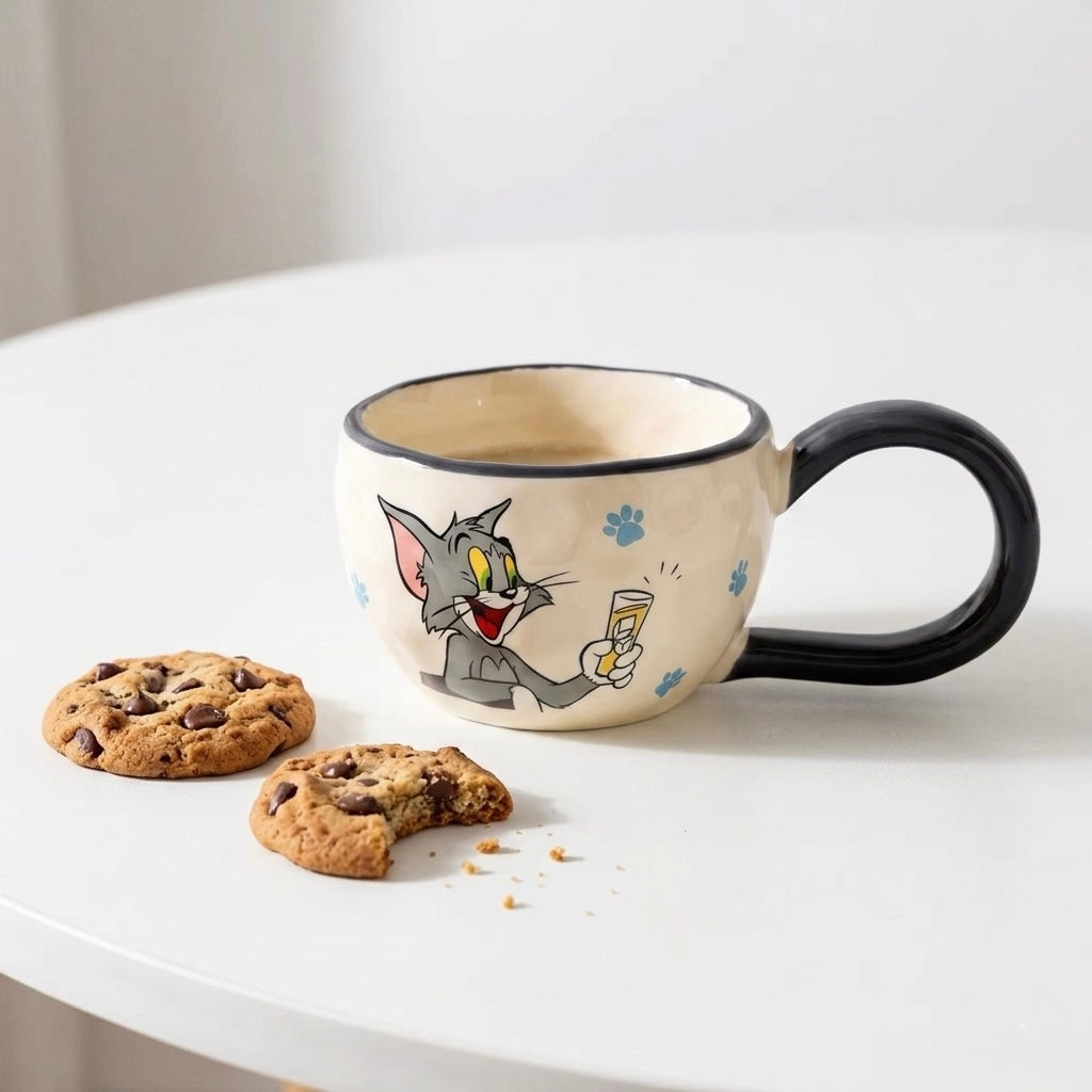 Cream keramička tom and jerry šolja s crnom drškom i obrubom s ilustracijom toma koji drži čašu