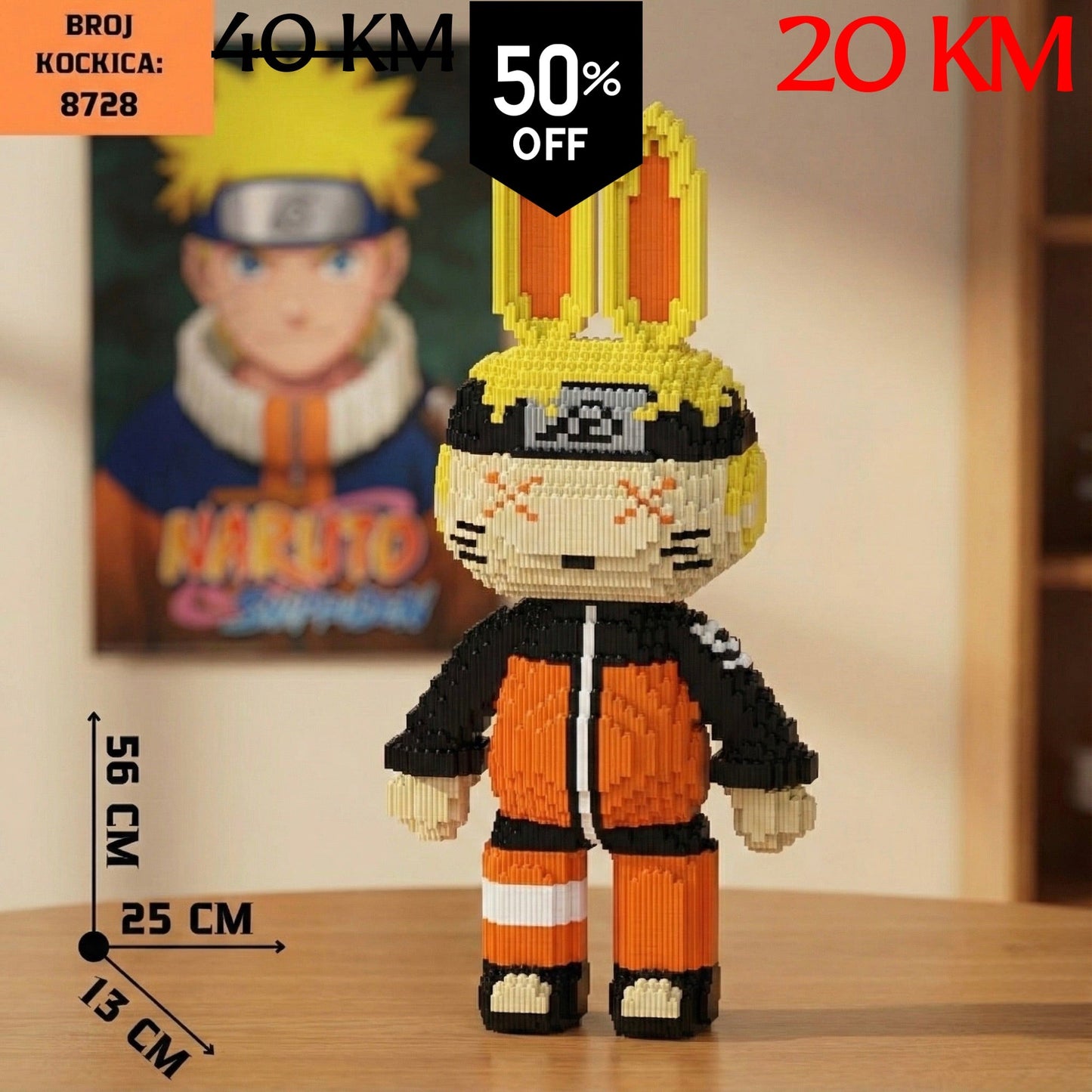 Pixelirana Naruto figurina od 8728 narančasto-crnih kockica s Uzumaki simbolom