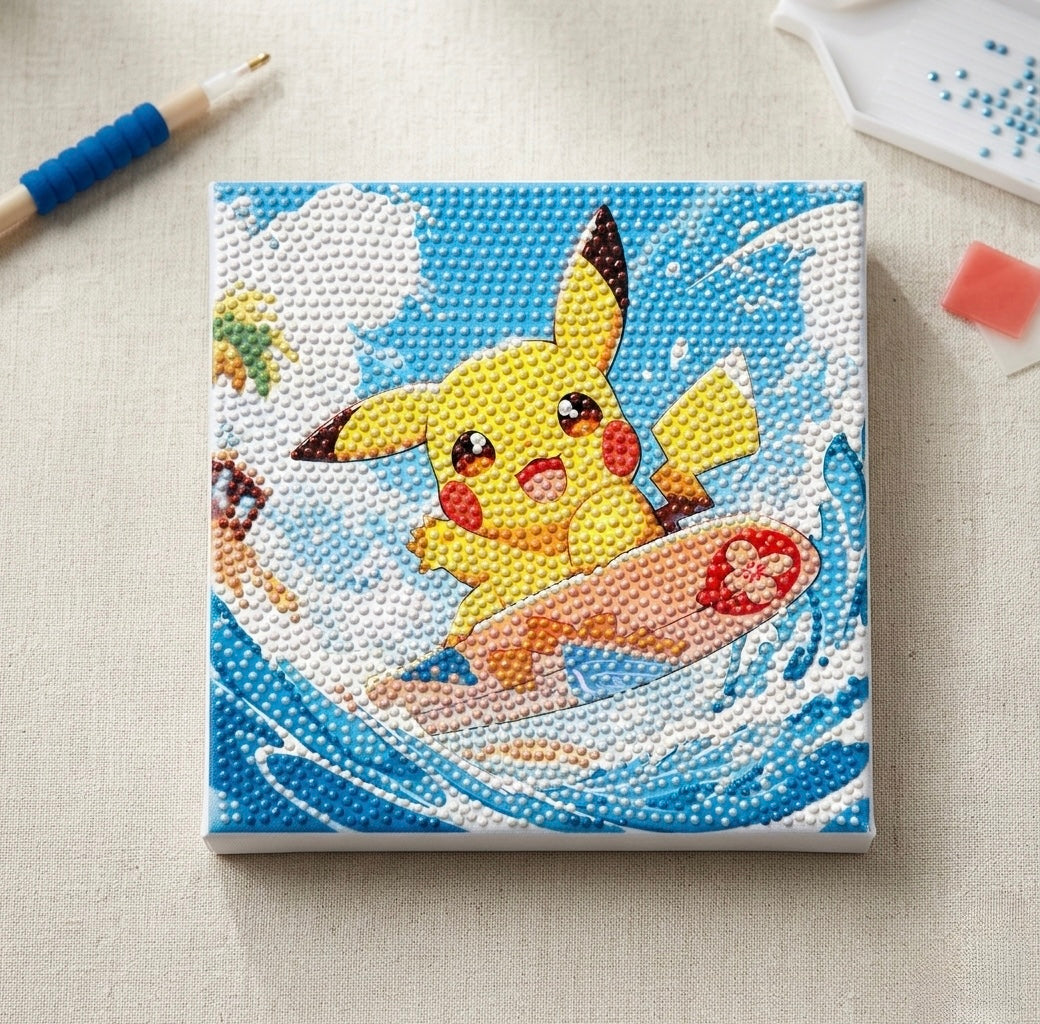 Žuti Pikachu na surfu, blistave plave i bijele perle, DIY 20x20 cm