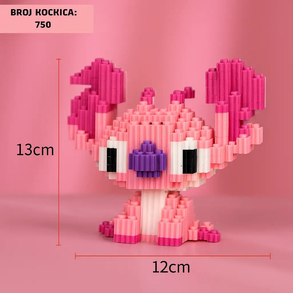 Roza i ljubičasta pikselirana figurina Stitcha od LEGO kockica (15 cm)