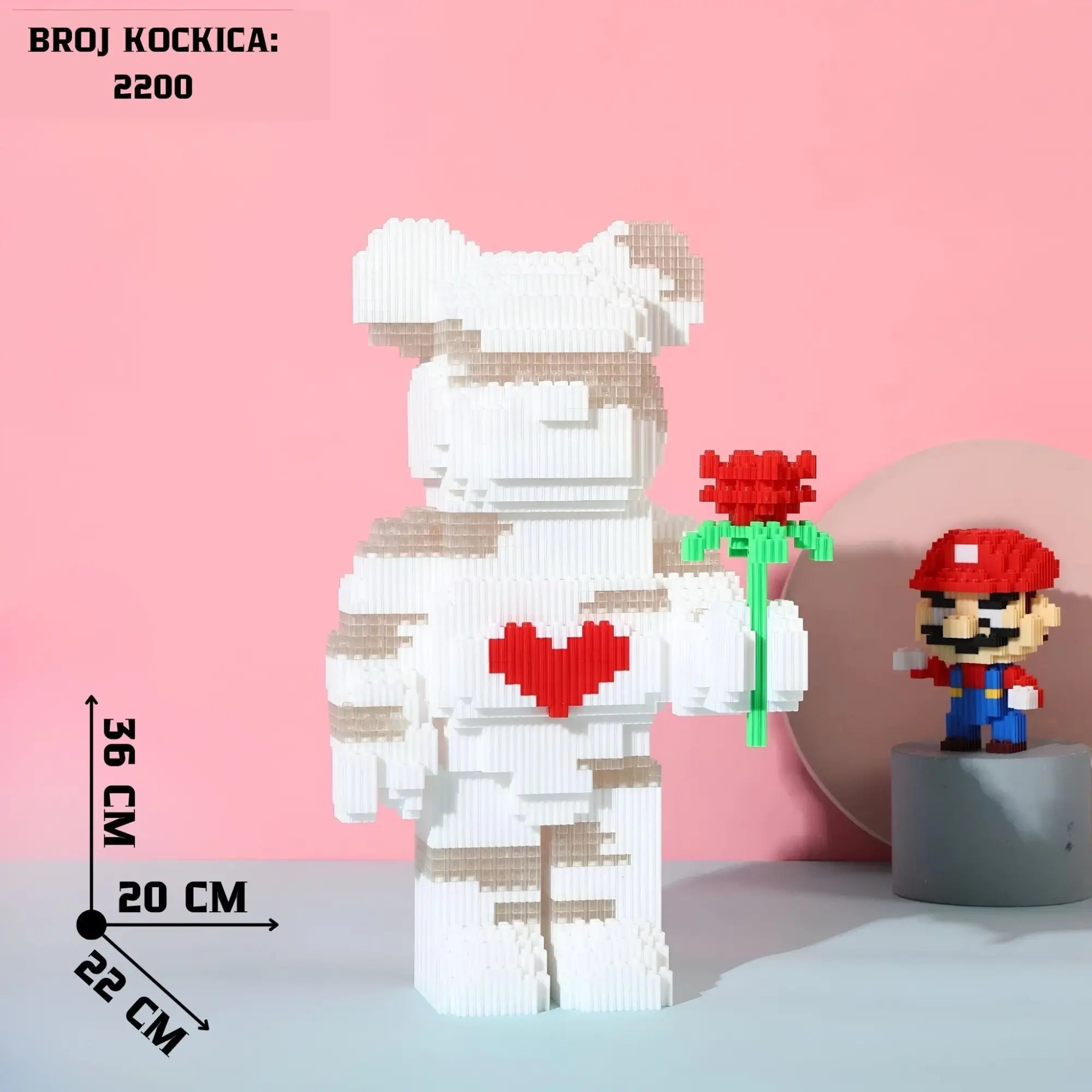 3D tiskani medvjed s ružom, bijeli s smeđim prugama i srcem, Super Mario LEGO.