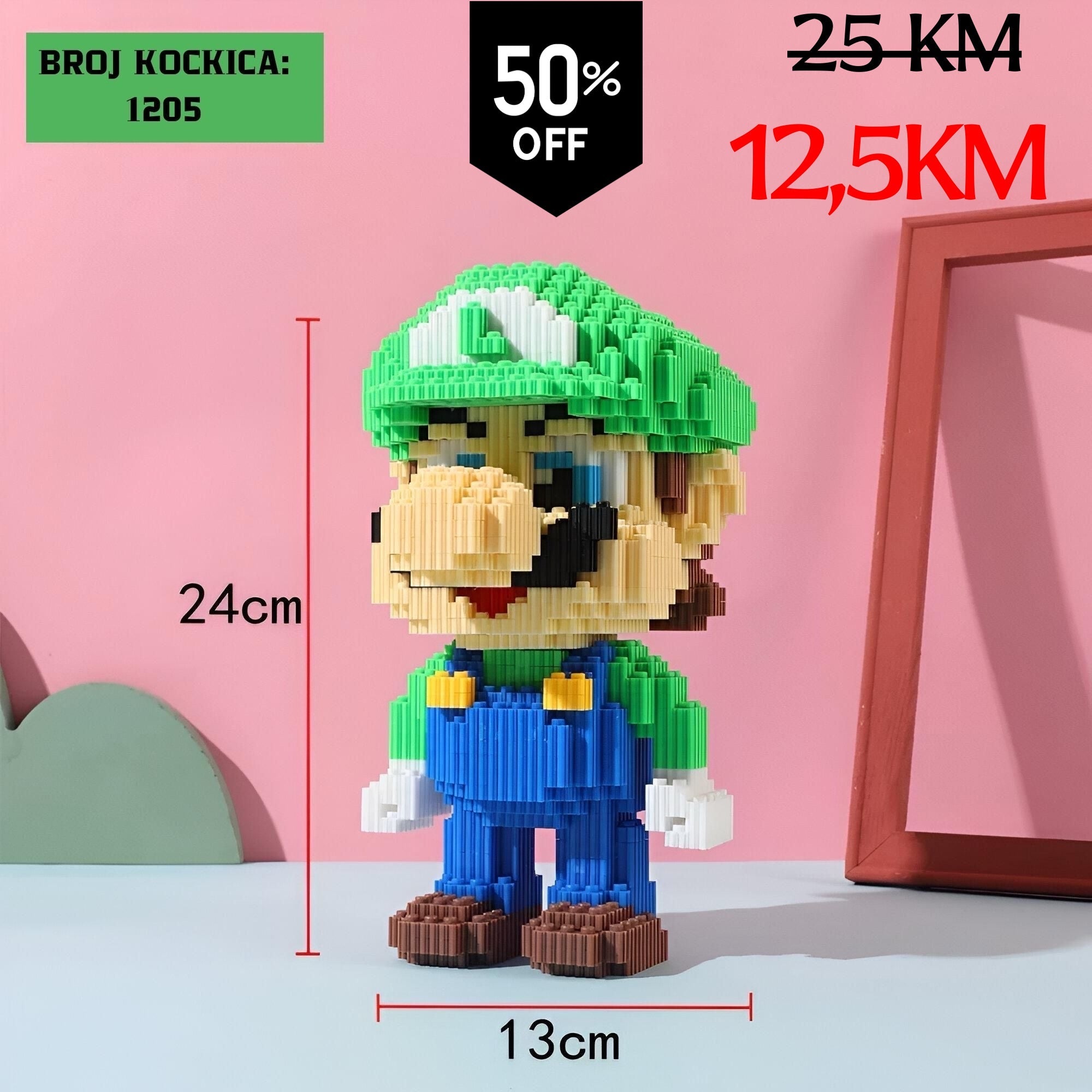 24 cm visoka zelena i plava Luigi figura od 1205 LEGO kockica Super Mario