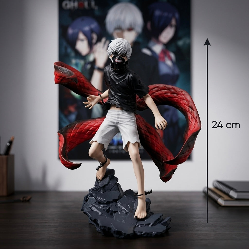 Tokyo ghoul ken kaneki figura crno bijela anime s crvenim prošivenim plaštem na kamenoj postoljedi 24 cm