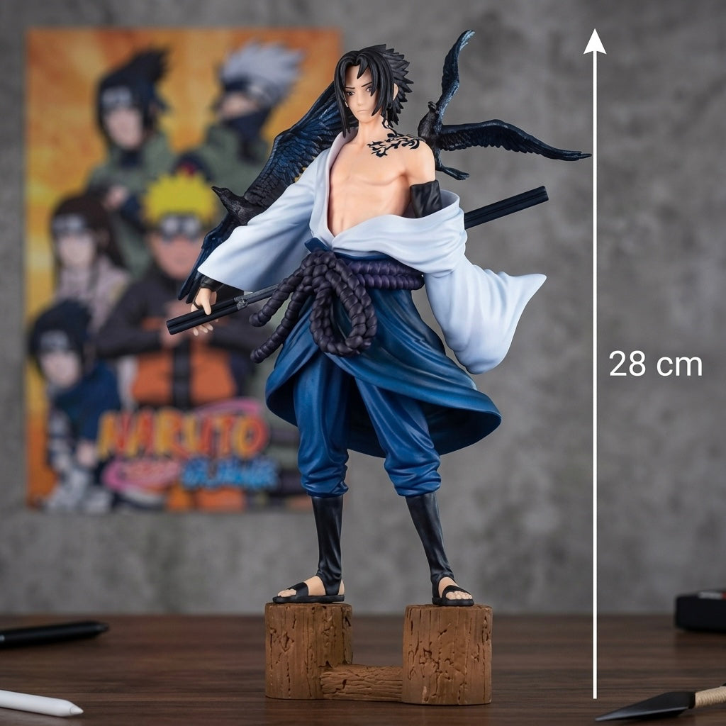 Skulptura sasuke uchiha iz naruta visine 28 cm s crnim krilima, bijelom haljinom i plavim hlačama