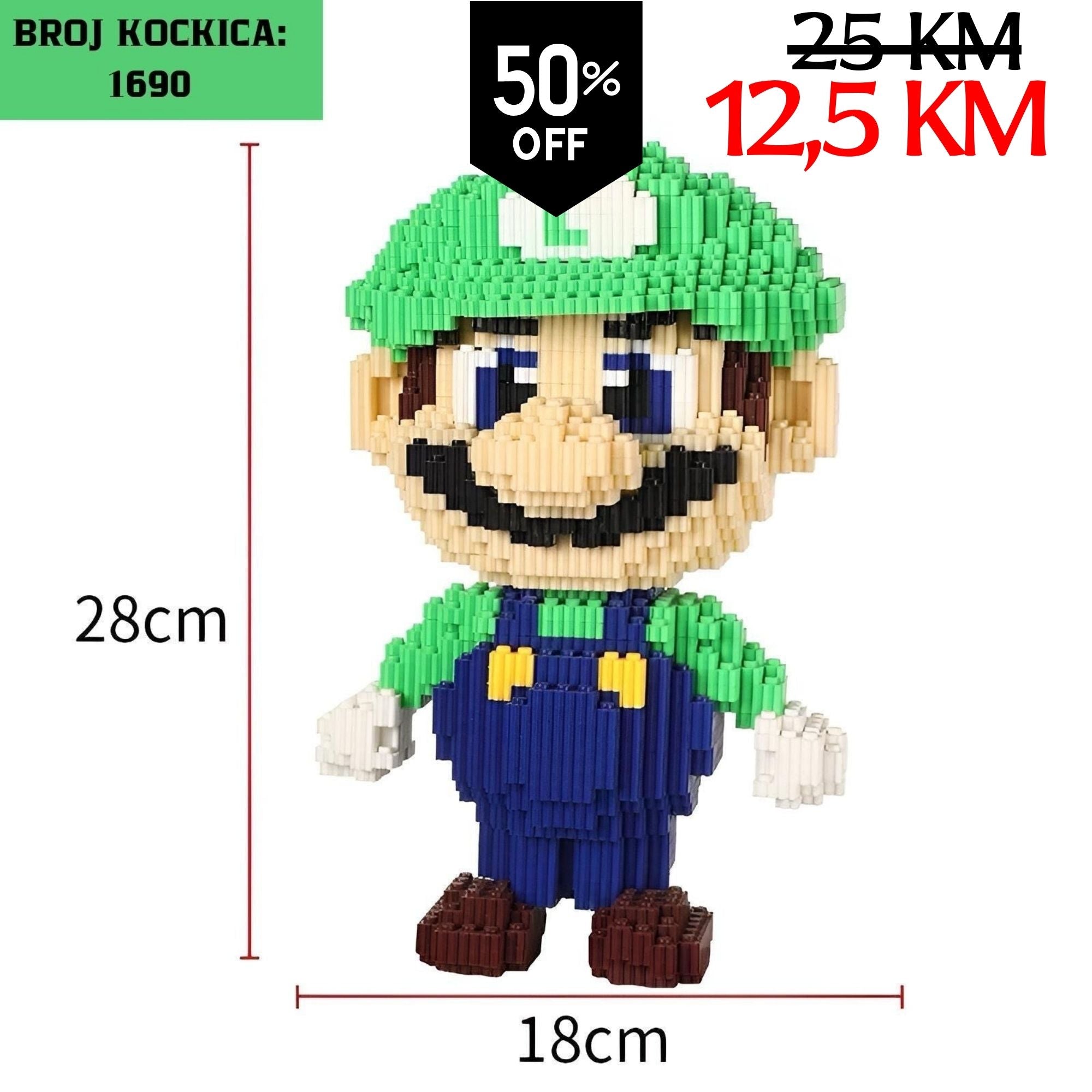 28 cm visoka zelena i plava LEGO figura Luigija od 1690 kockica