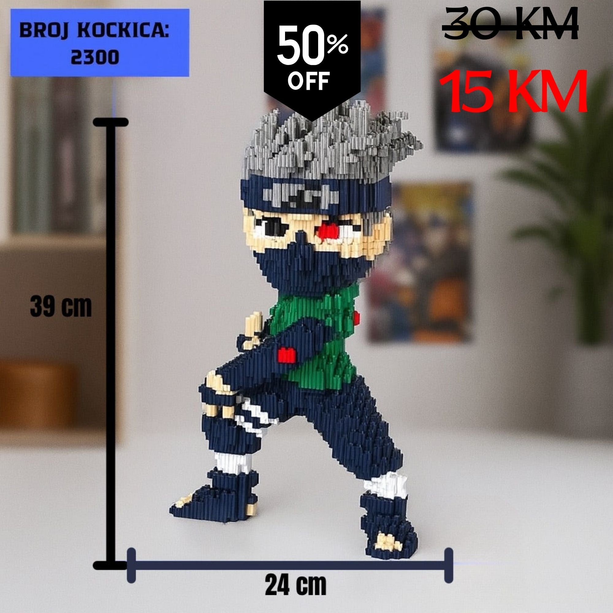 39 cm visoka pikselirana figura Kakashija od 2300 plavih i zelenih LEGO kockica