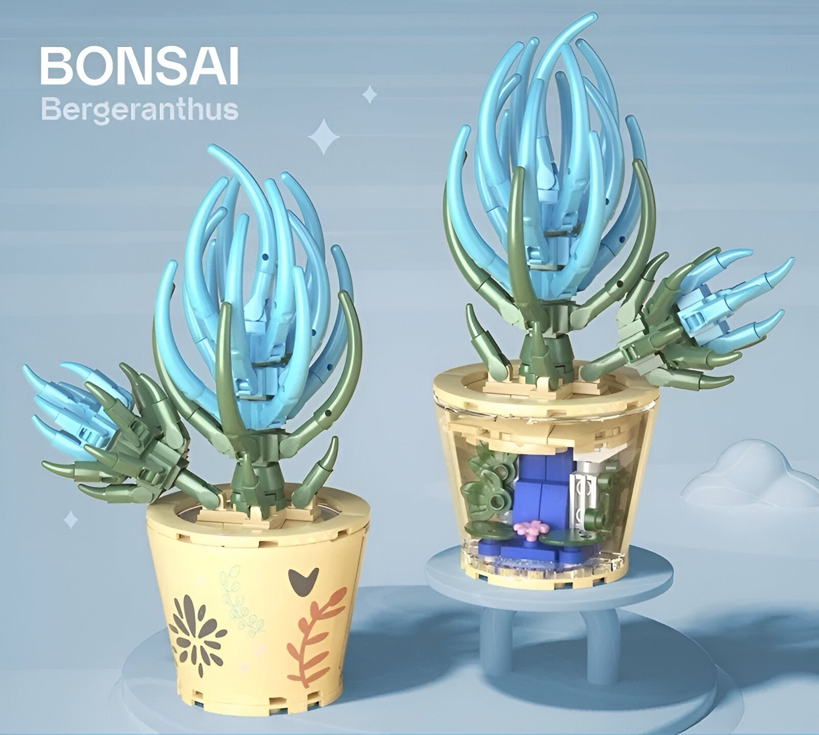 3D tiskani LEGO bonsai model CVIJEĆE u svijetlo plavim i zelenim nijansama s detaljnim listovima