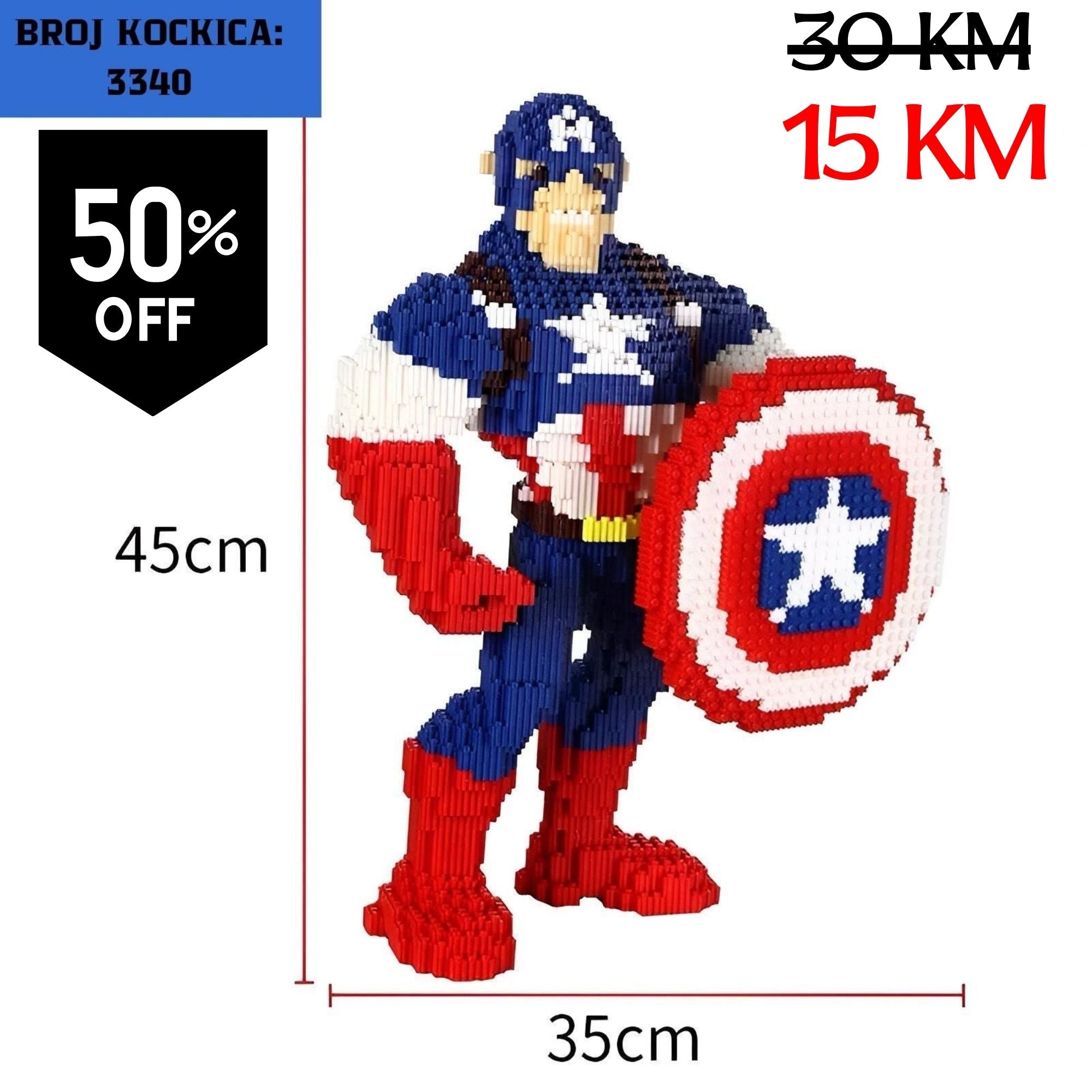 45 cm visoka Captain America figura od 3340 plastičnih kockica LEGO u plavoj, crvenoj i bijeloj boji