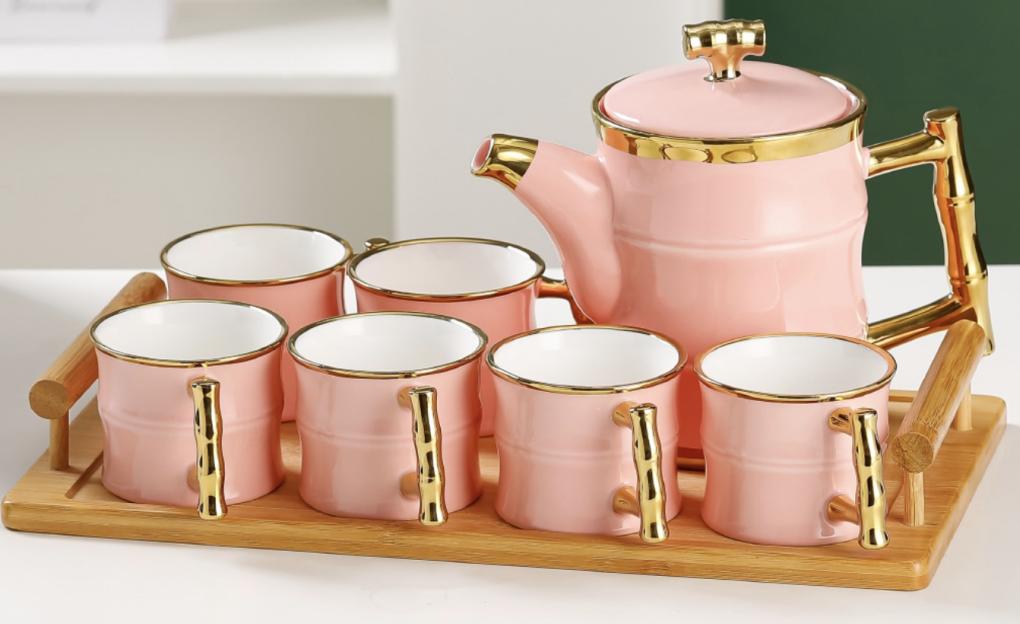 (Rozi) PORCELANSKI SET ČAJNIK 1200 ml + 6 ŠOLJA 260 ml + TABLJA