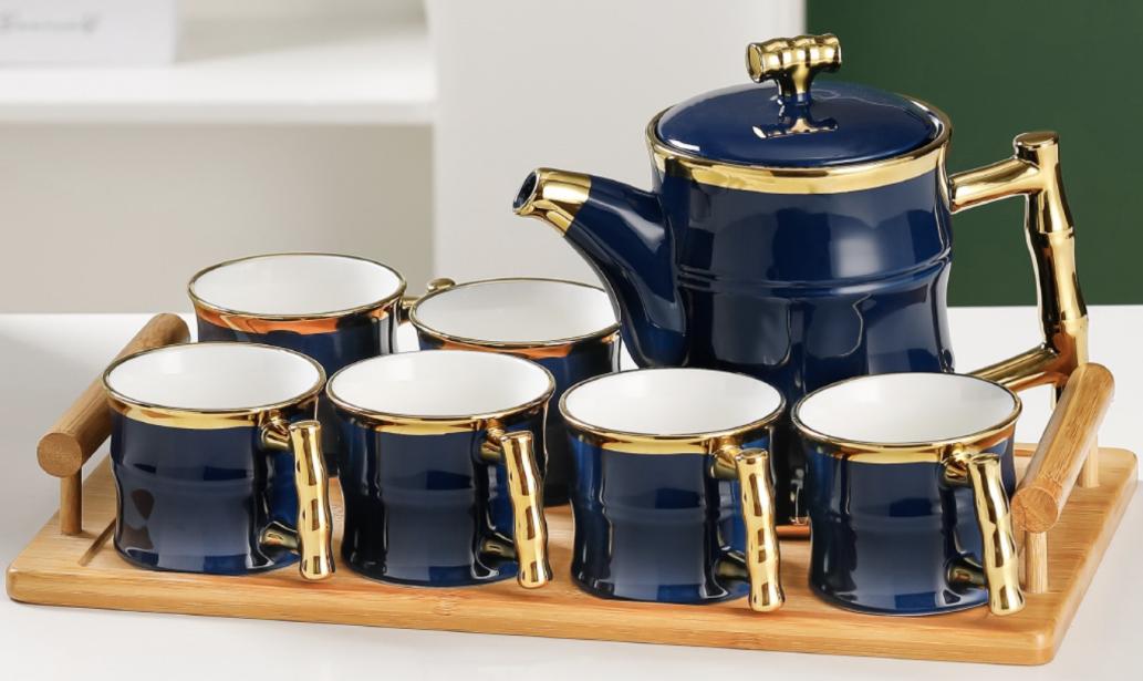(Plavi) PORCELANSKI SET ČAJNIK 1200 ml + 6 ŠOLJA 260 ml + TABLJA