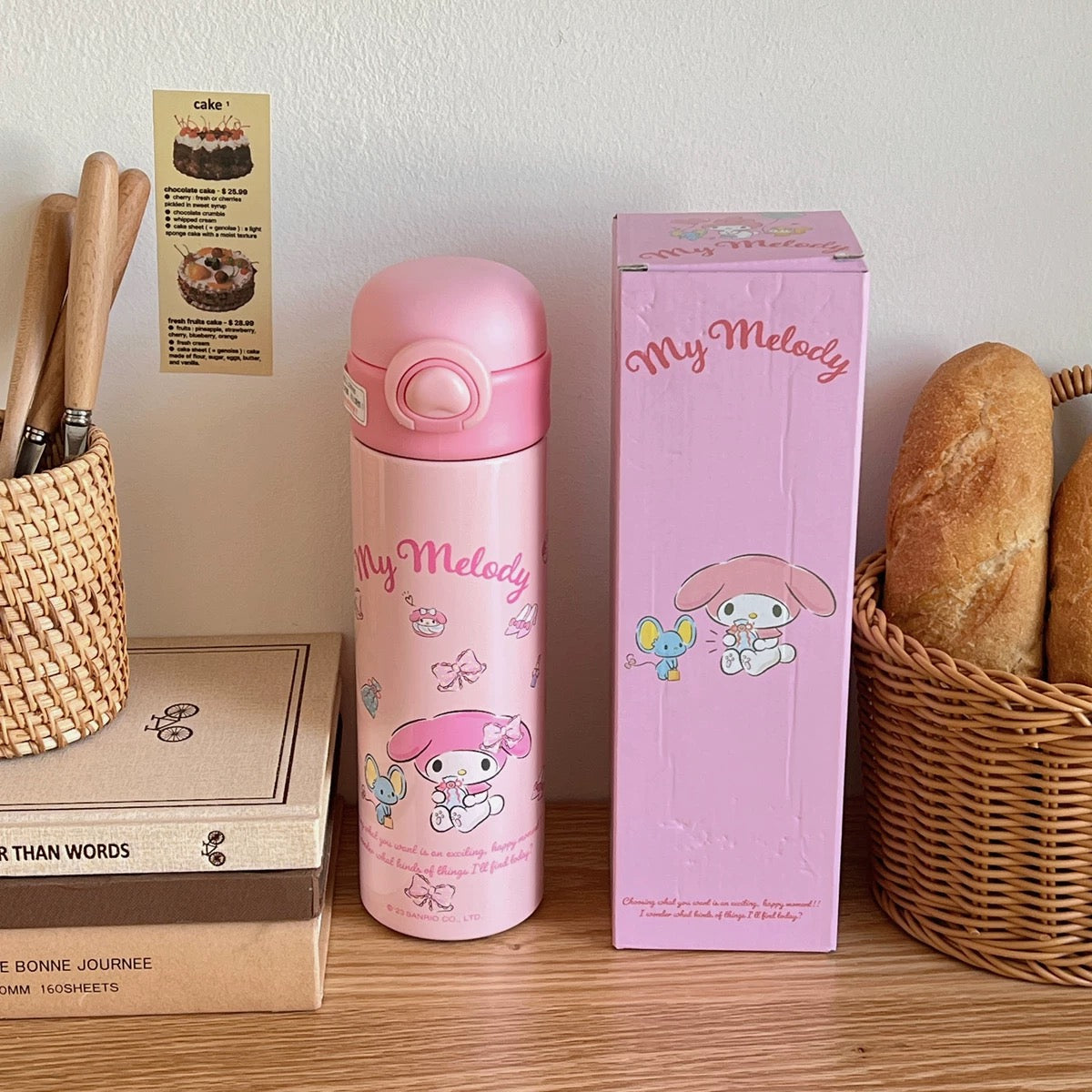 Roza termos boca My Melody s dizajnom likova Hello Kitty i Kuromi
