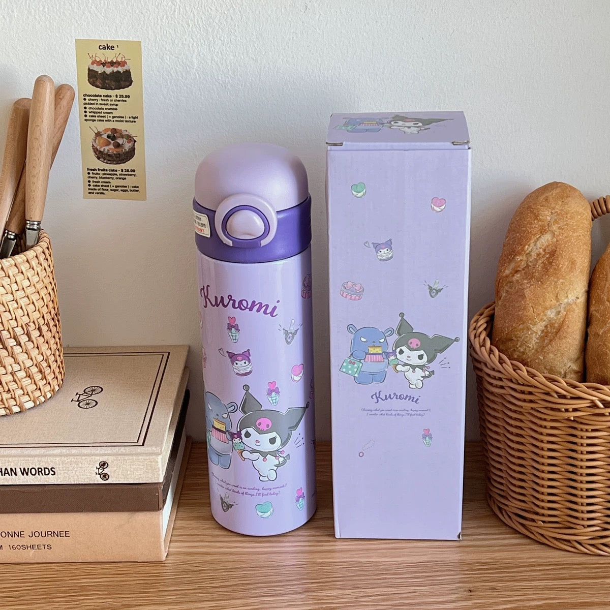 Ljubičasti i bijeli termos boca Kuromi Hello Kitty od nehrđajućeg čelika