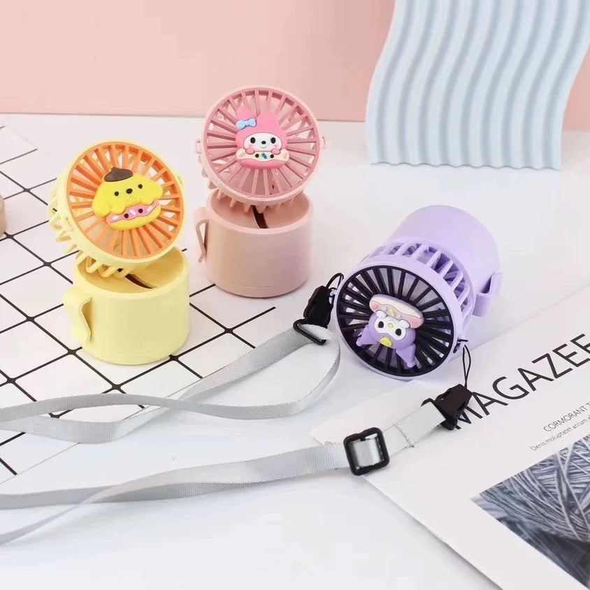 Žuti i ružičasti prenosivi ventilator ANIMALS MINI s likovima životinja i kaišem
