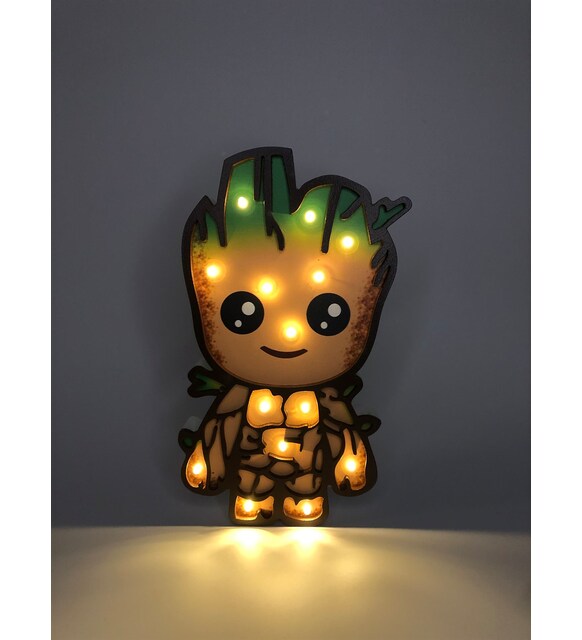 Illuminated Groot character nightlight from Groot Wood Lampa for cozy home decor