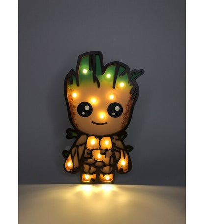 Illuminated Groot character nightlight from Groot Wood Lampa for cozy home decor