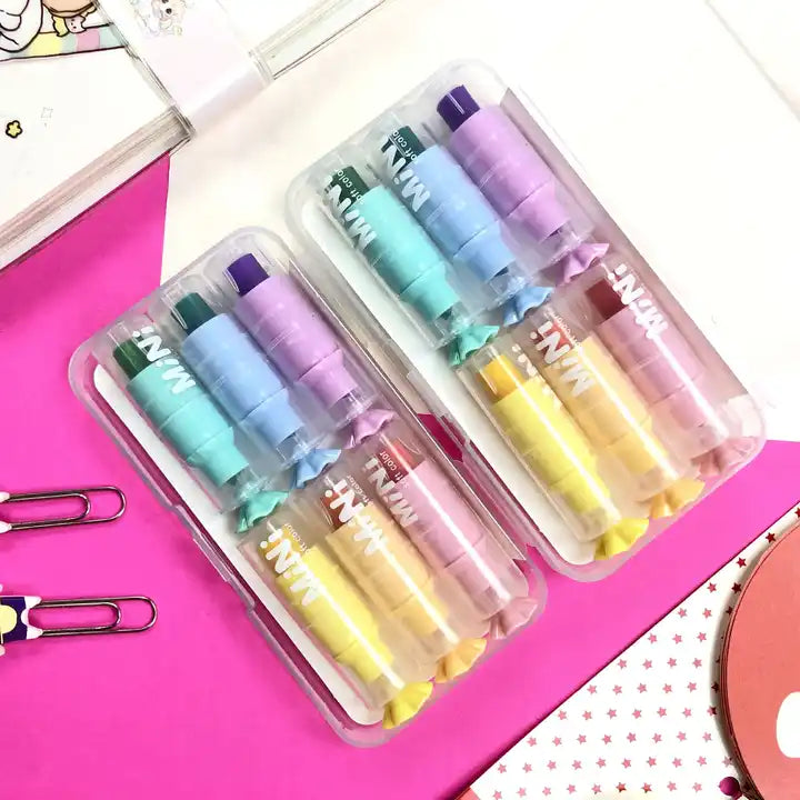 Pastel mini highlighter sets displayed in LIPSTICK MARKER for vibrant note-taking