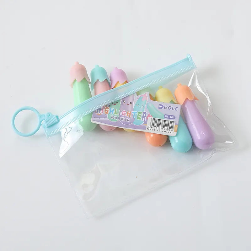 Pastel-colored eggplant-shaped highlighters in a clear pouch for EGGPLANT MARKER