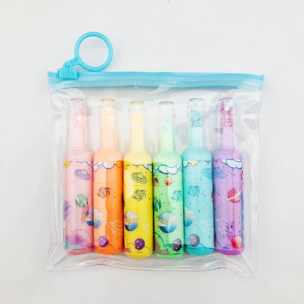 Pastel-bottled highlighters in a clear zipper bag from SPACE MARKER