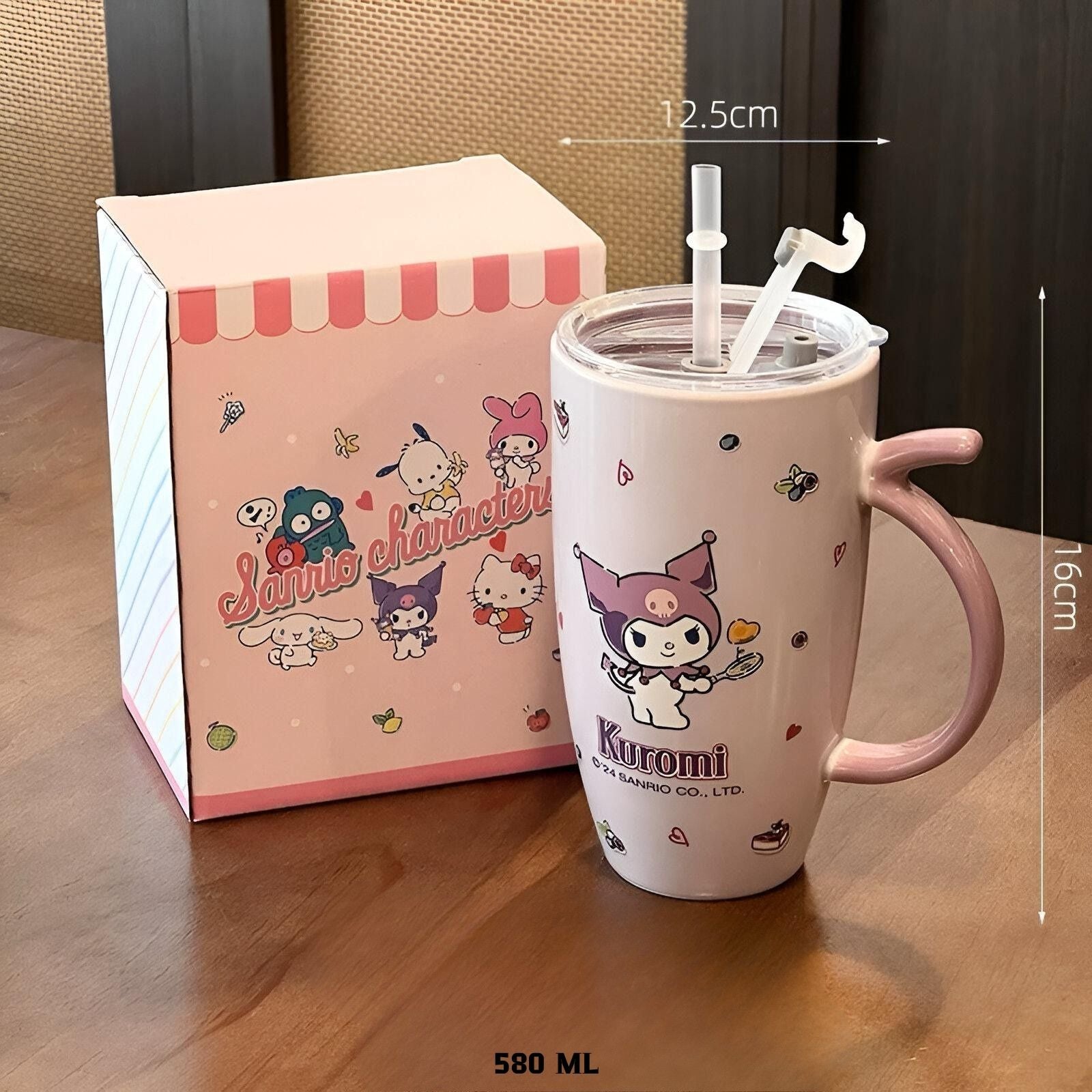 Pink Sanrio KUROMI keramička šolja set s poklopcem i slamkom u kutiji