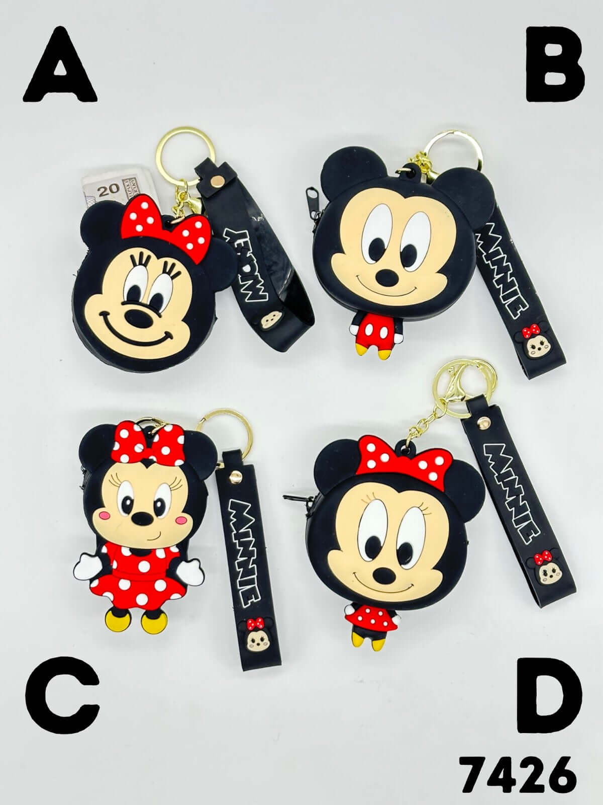 Cartoon character coin purses featuring Mickey and Minnie Mouse design