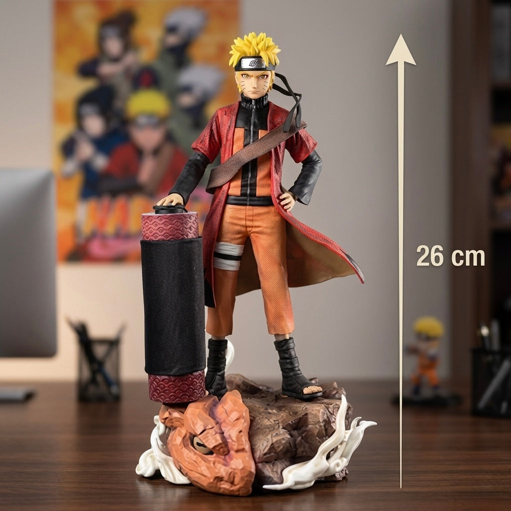Naruto uzumaki figure 26 cm in red cloak and orange pants standing on rocky base with scroll at his side