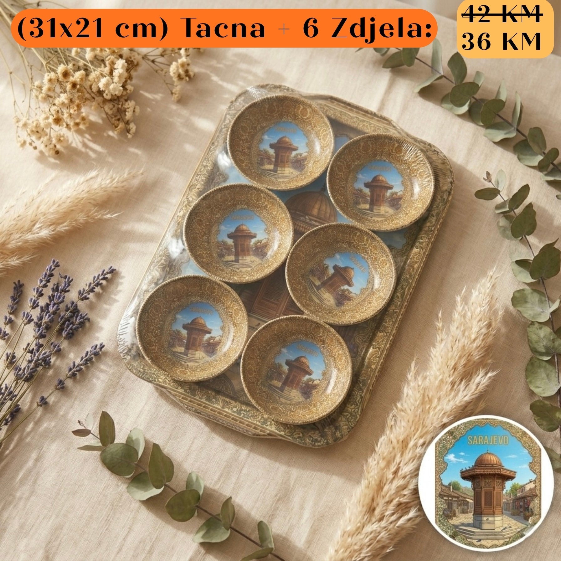 Antikni zlatotrljeni keramički set POKLON: Tacna + 6 zdjela s tornjem