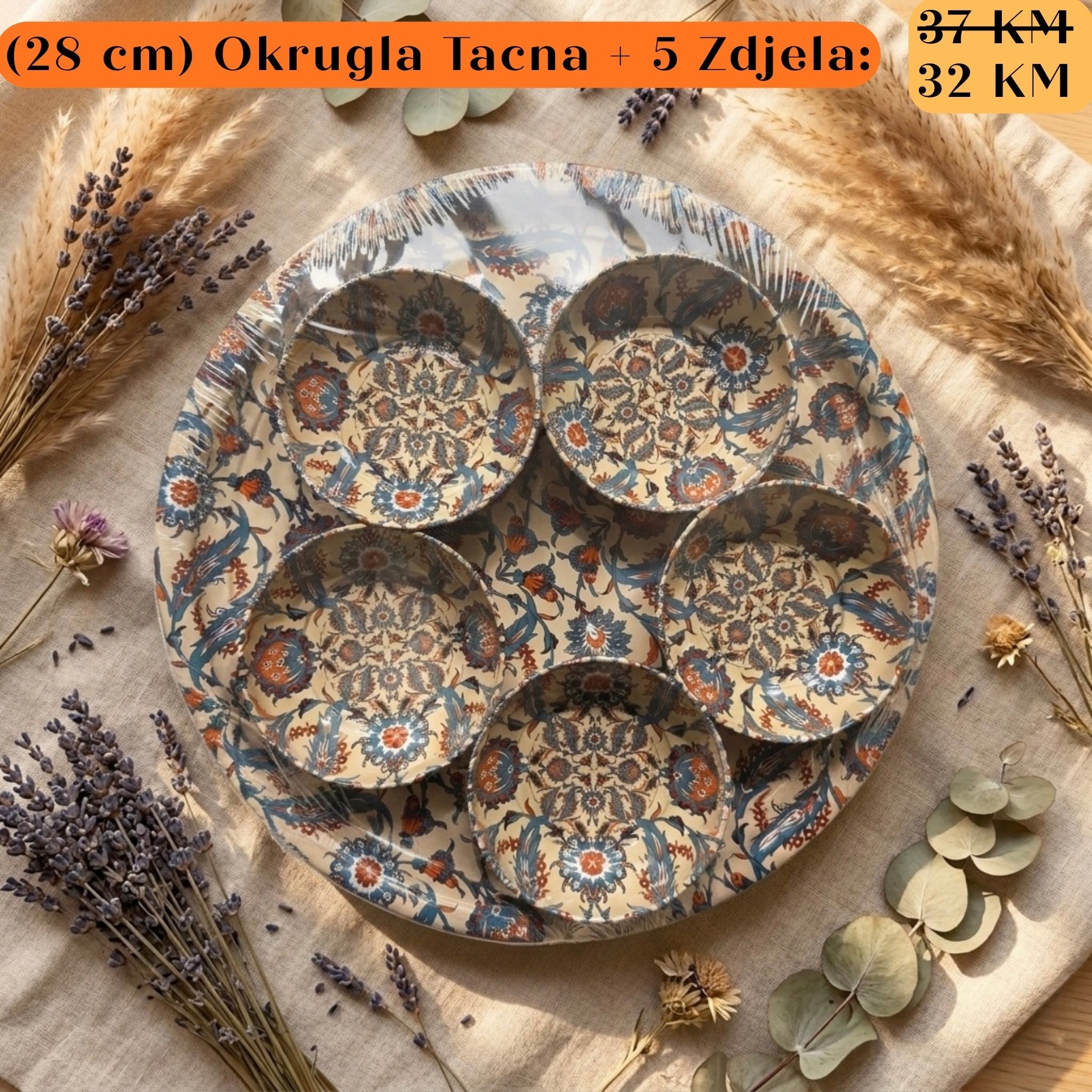 POKLON SET Okrugla Tacna + 5 Zdjela: bež i plava ukrasna tacna s 5 zdjela