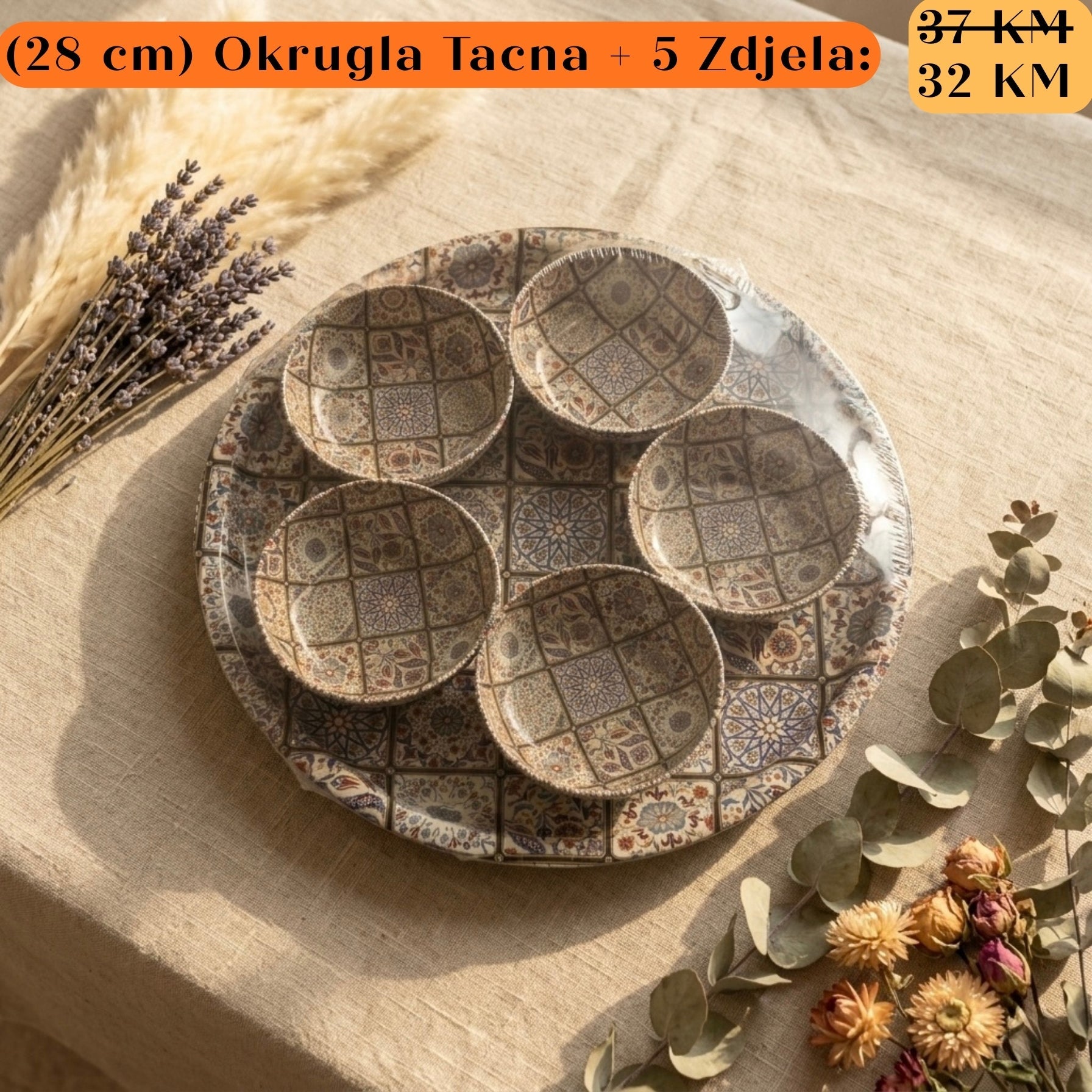 POKLON SET Okrugla Tacna + 5 Zdjela: bež keramički set s uzorcima