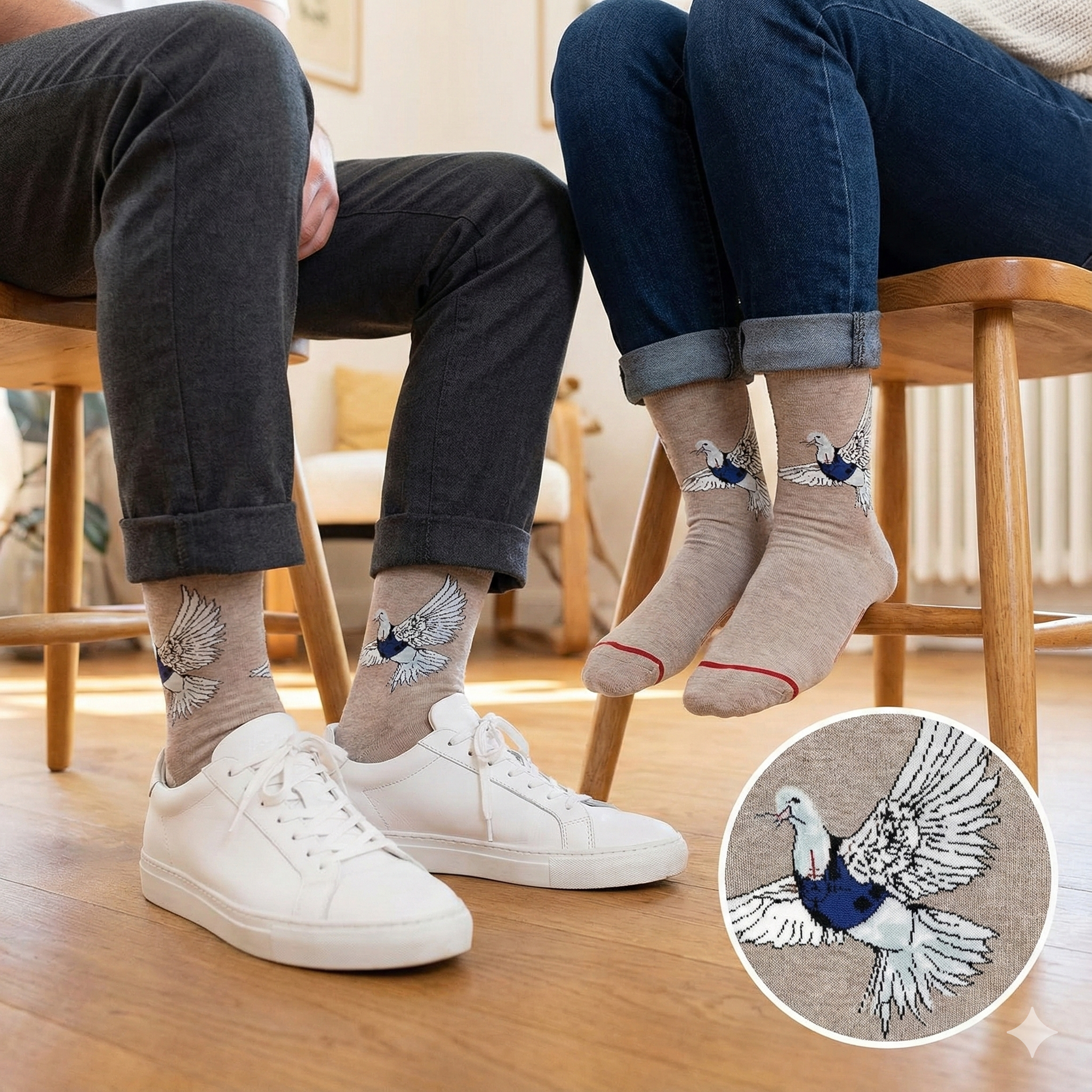 Smeđe čarape s vezenim bijelim i plavim golubovima leta, crvenim obrubom na prstima, Banksy Armoured Dove of Peace