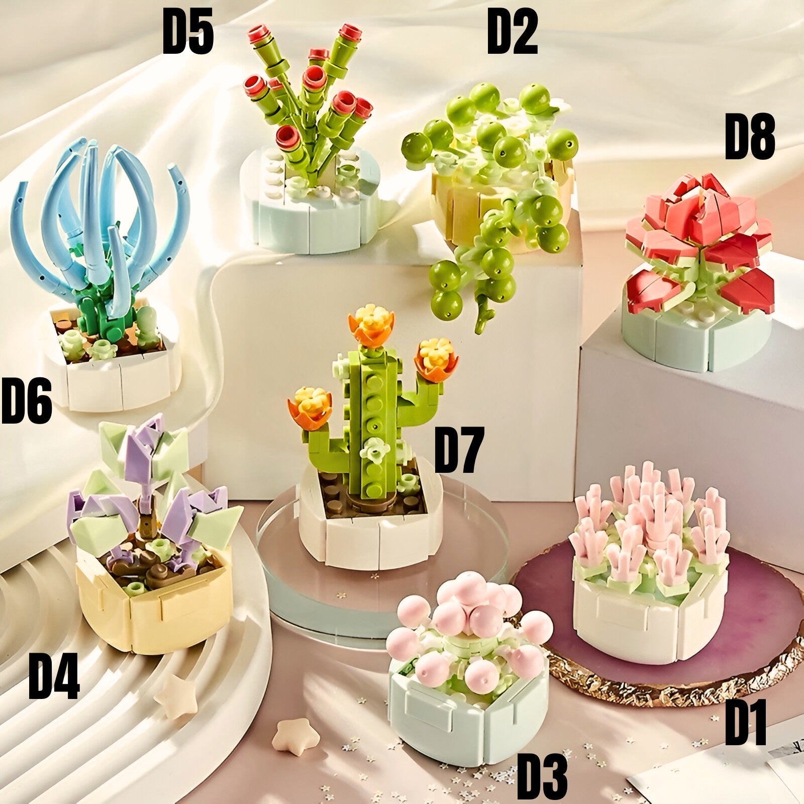 Bijeli keramički kaktus s cvijećem i geometrijskim dizajnom CVIJEĆE LEGO (MODEL D)