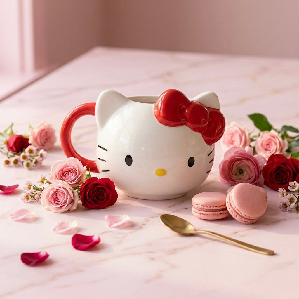 Hello kitty keramička šalica bijela s crvenom mašnom, crnim očima i žutim nosom