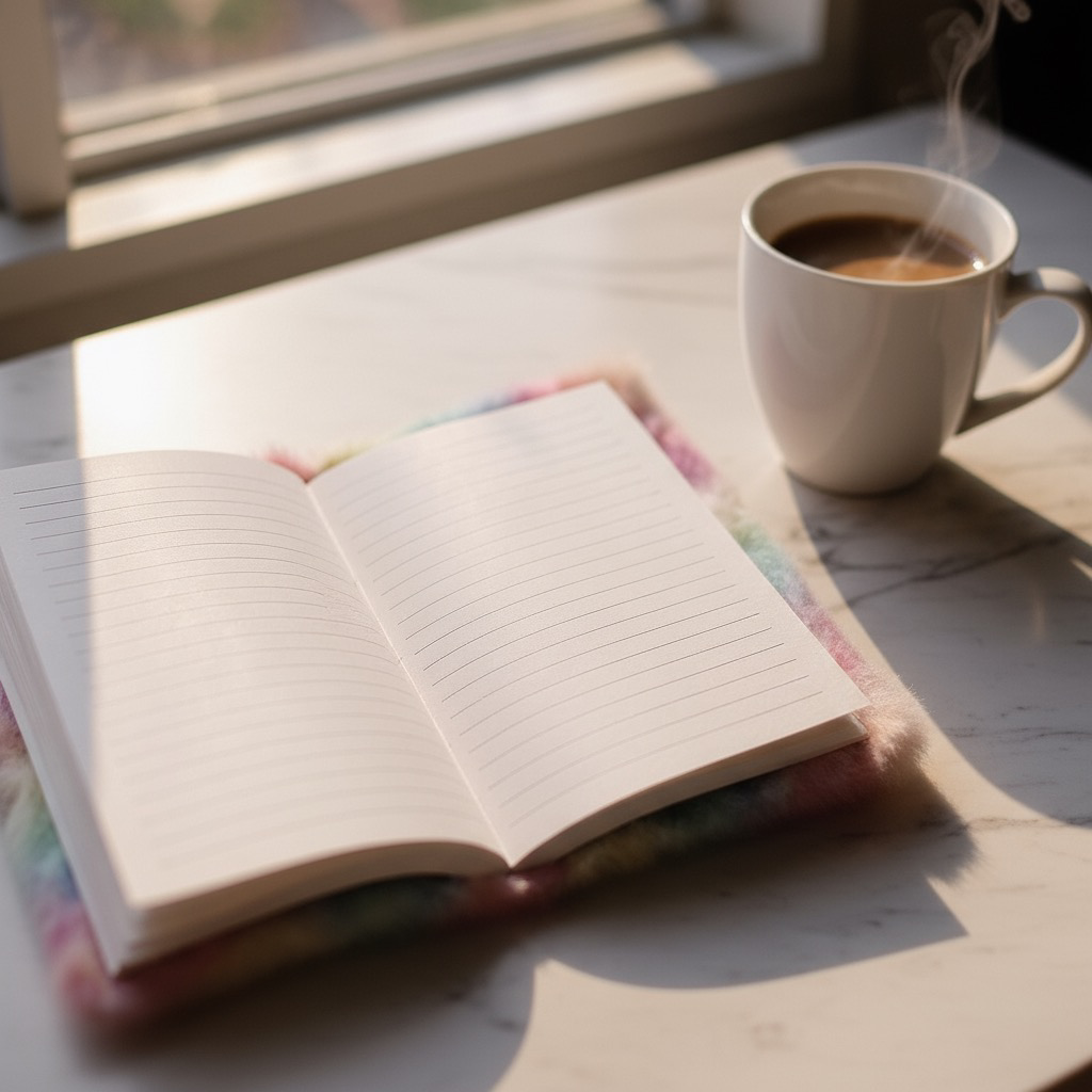 Bijeli keramički pehar s tamnom kavom u Cat Paw Rokovniku A5