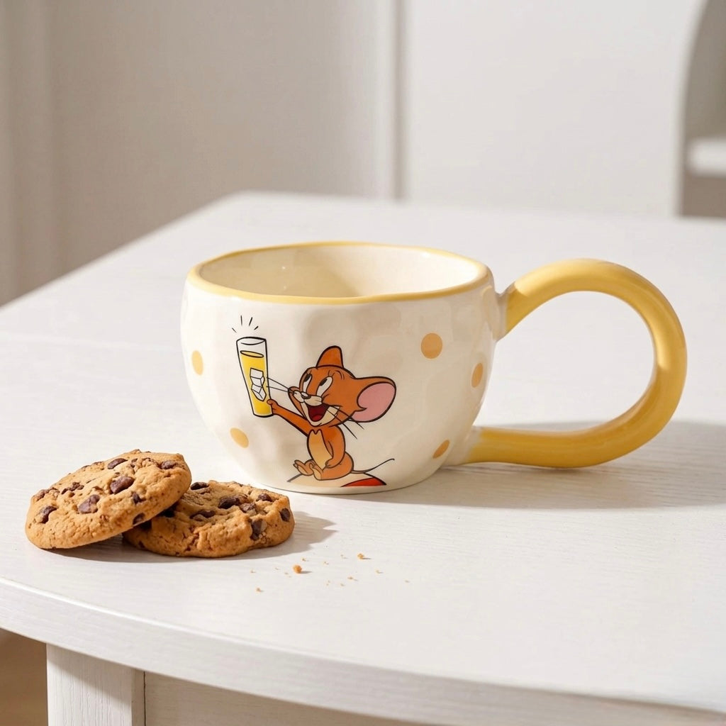 Bijela keramička tom and jerry šolja s žutim točkicama i veselim dizajnom miša jerryja s žutim držačem