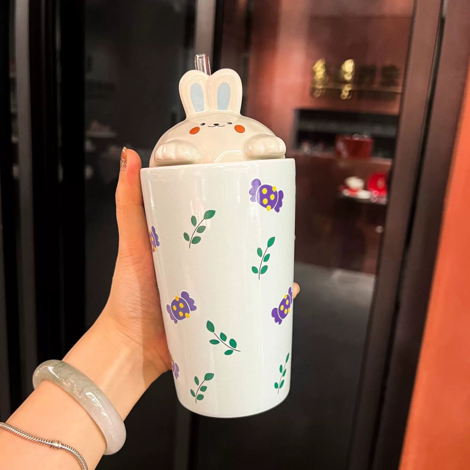 Bijela keramička čaša s poklopcem i slamkom, FRUITS KERAMIČKA ČAŠA sa zekom