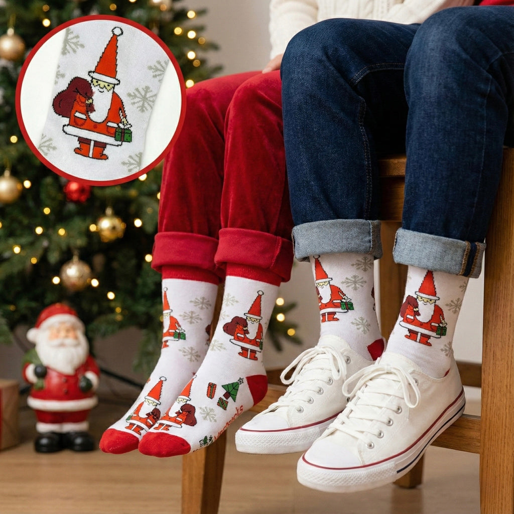 Bijele božićne čarape s motivima Djeda Mraza, crvene i zelene s pahuljama, od mekog pamuka