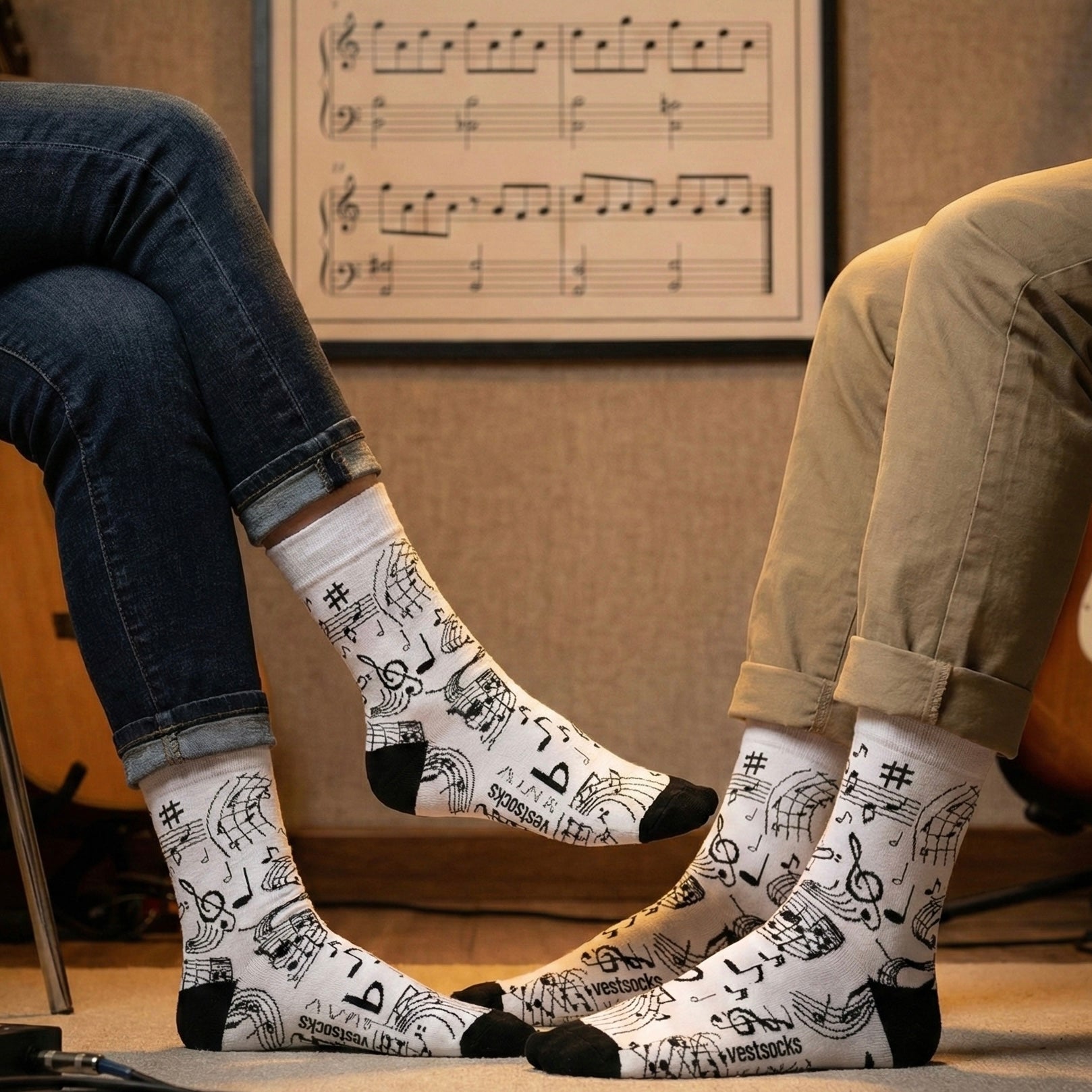 Bijele čarape s glazbenim notama, crnim simbolima i riječ Skossa