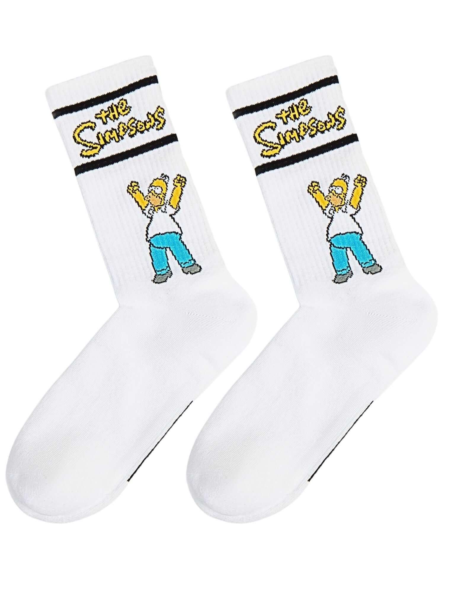 Bijele čarape s Homer Simpson crtežom, ruke podignute, žuto-plavo
