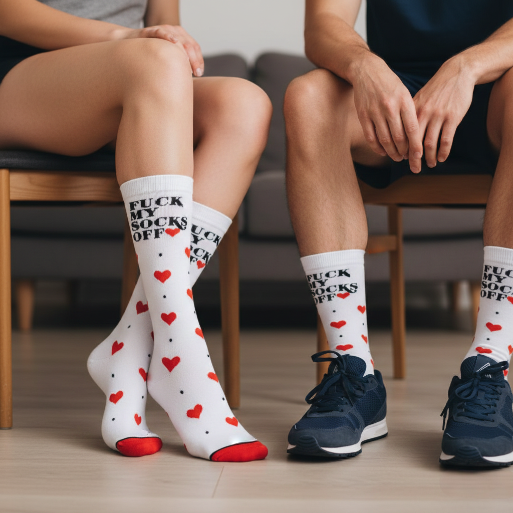Bijele čarape s crvenim srčićima i natpisom fuck my socks off Čarape