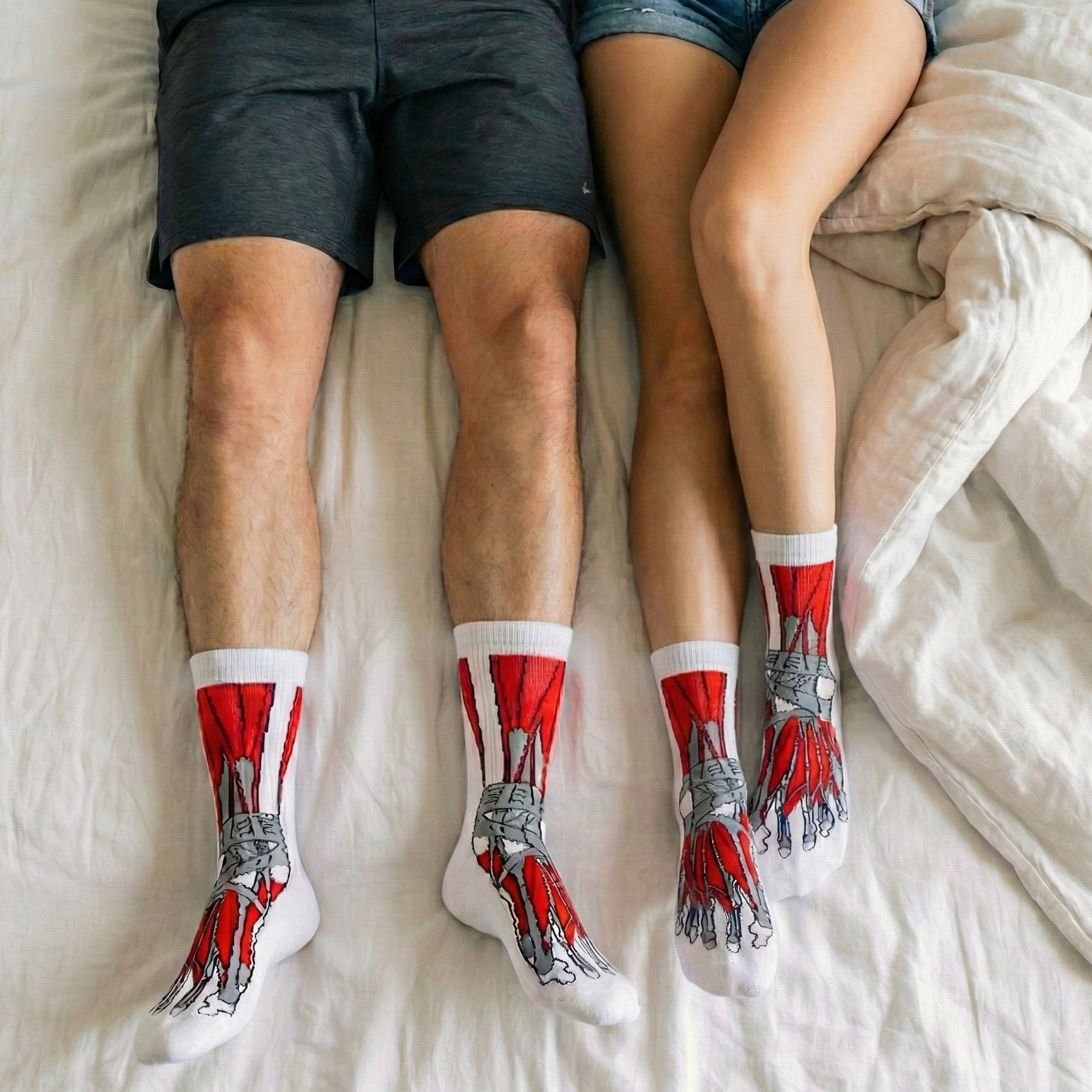 Bijele čarape Leg Skeleton Čarape s crveno-sivim mišićnim dizajnom