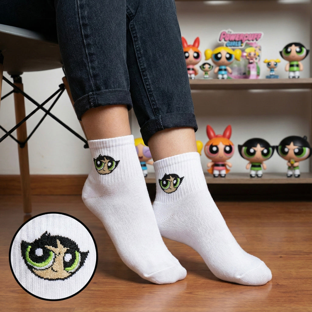 Bijele Powerpuff Girls čarape s vezanim crtanim licem