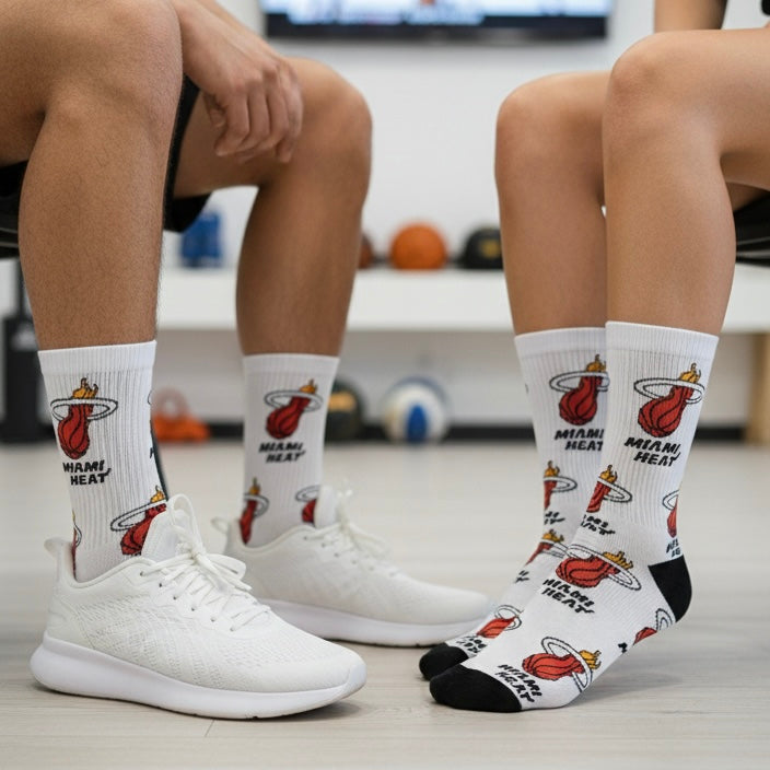 Miami Heat NBA čarape s bijelim uzorkom plamena i crveno-crnim logom