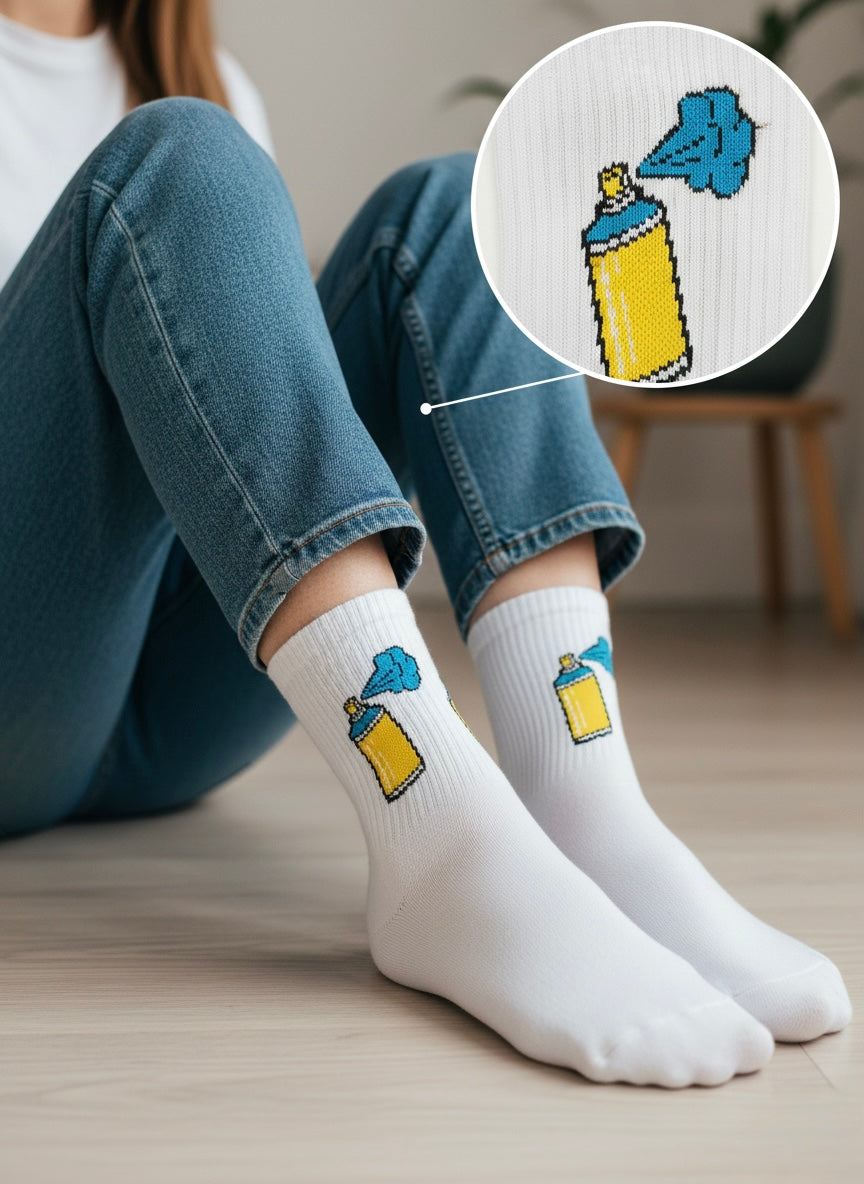Bijele čarape s pikseliranim žutim sprejom i plavim mlaznicom