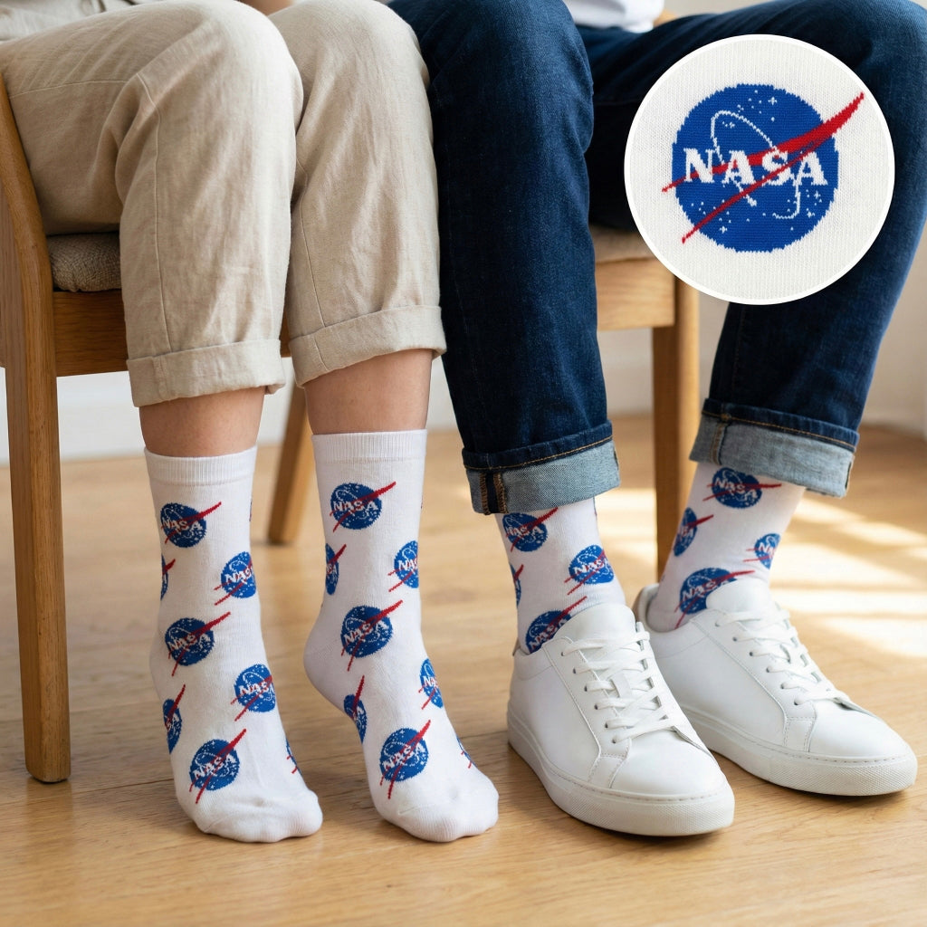 Bijele NASA čarape s ponavljajućim plavim NASA logom i crveno-bijelim akcentima