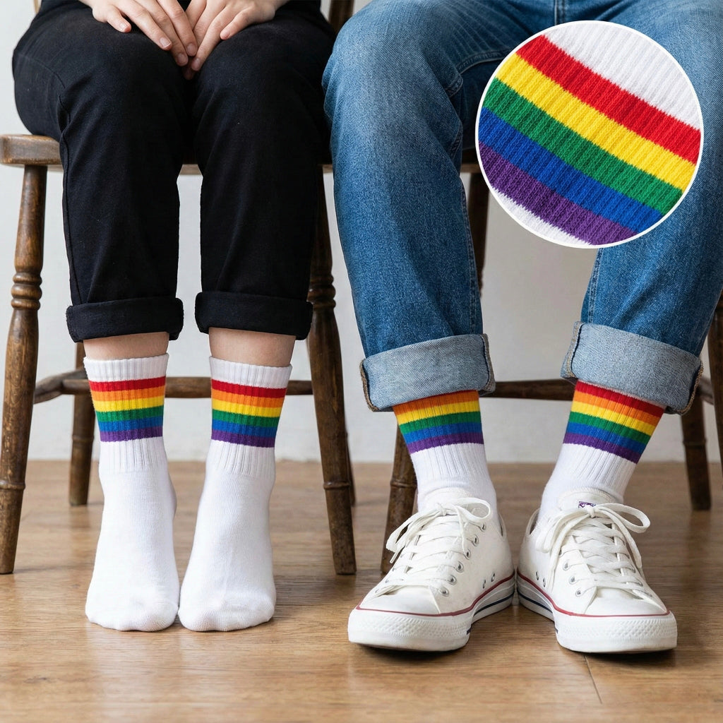 Bijele čarape s duginjskim prugama u bojama duge