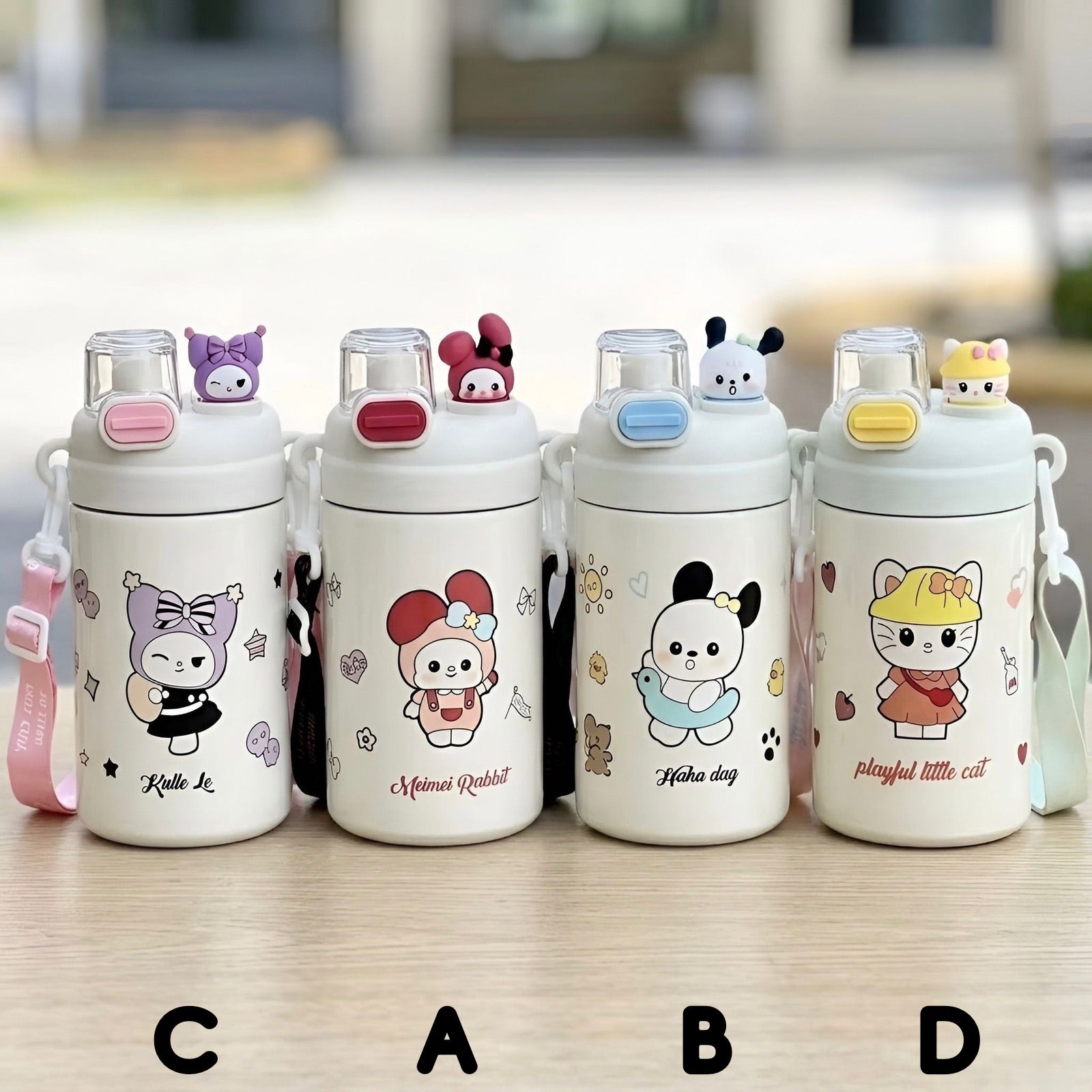Bijele izolirane boce za vodu od nehrđajućeg čelika my melody kuromi s šarenim crtanim naljepnicama i plišanim ukrasima