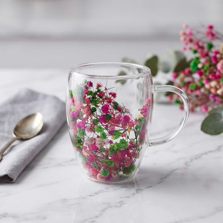 Clear dupla zidana staklena šalica cvijet s cvijećem roze i zelenog suhog babys breath 350 ml