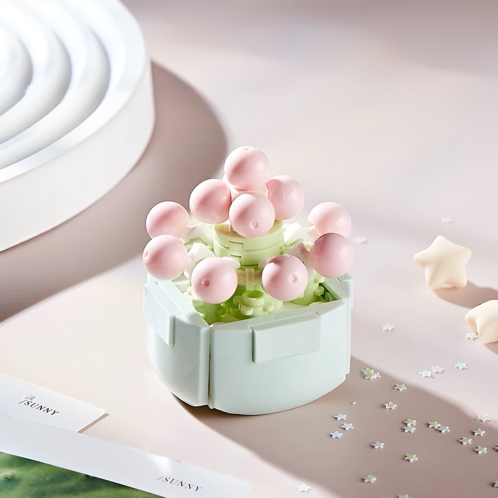 Blijeda zelena heksagonalna silikonska forma s ružičastim kuglastim kalupima za slatkiše ili sapune CVIJEĆE LEGO (MODEL D)