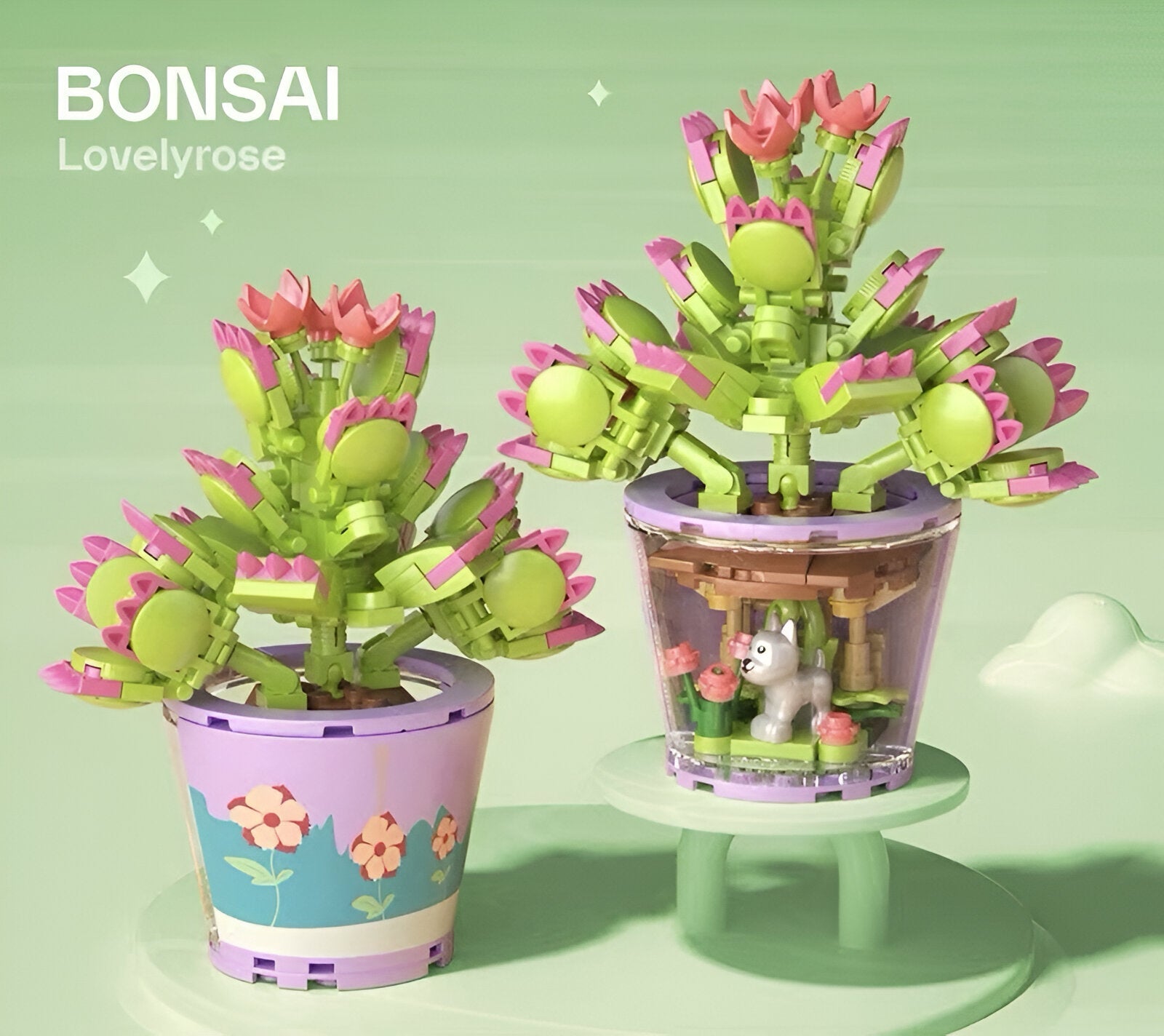 CVIJEĆE LEGO BONSAI: plastični bonsai u ljubičastom loncu s cvjetnim uzorkom